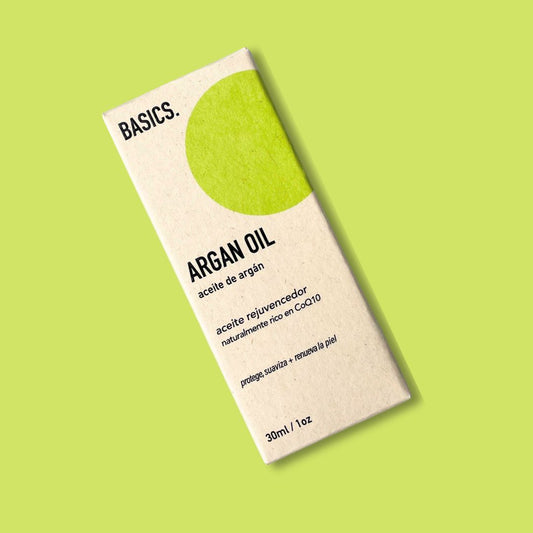 aceite de argán en su caja con fondo plano simple as