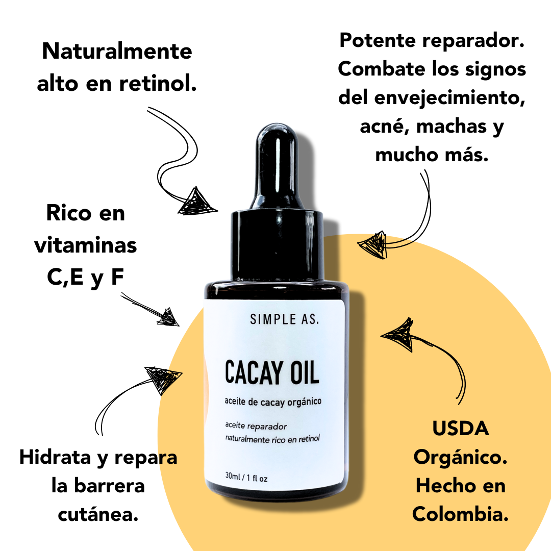 infográfico con textos de beneficios de Aceite de Cacay Orgánico de Simple As.