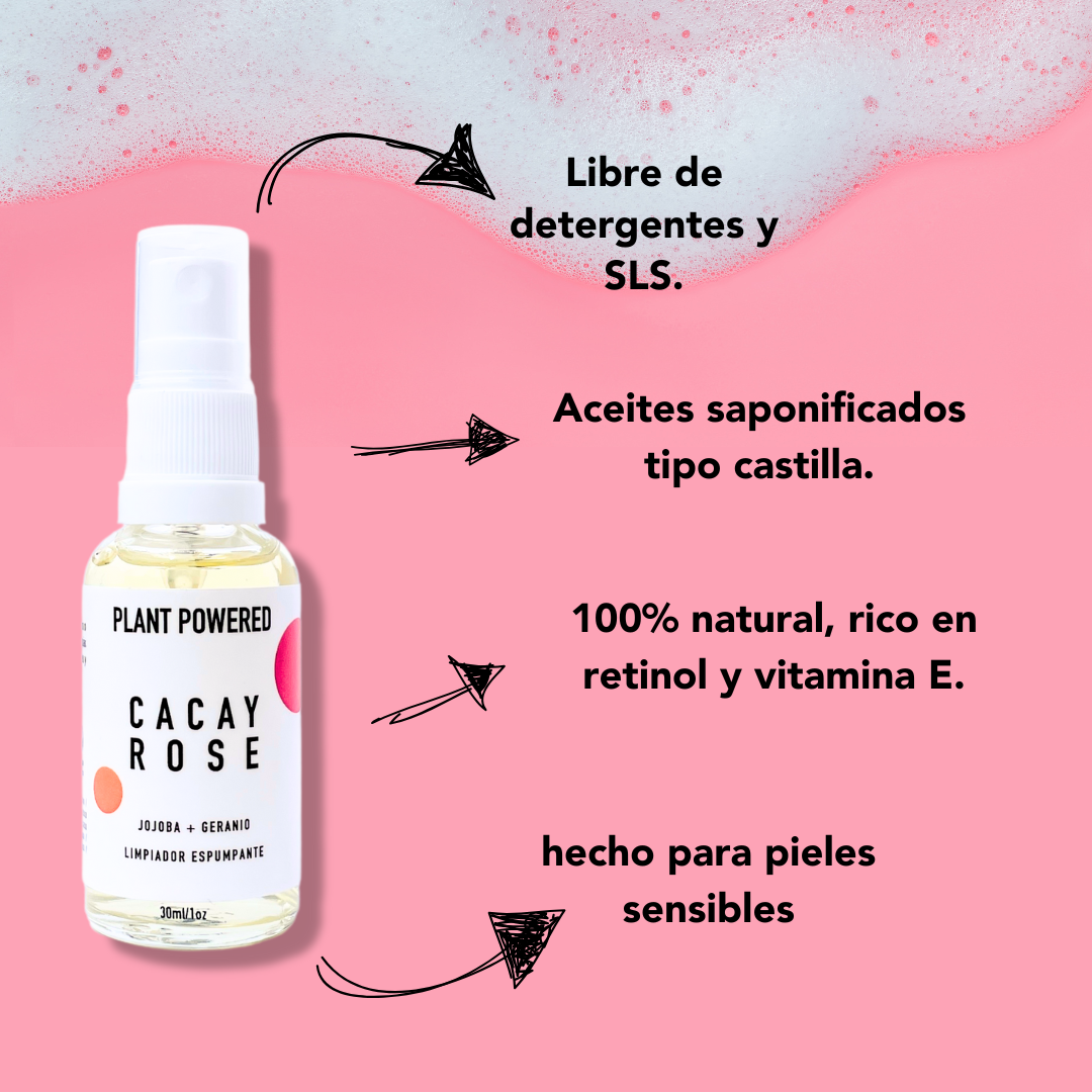 texto con los beneficios del limpiador espumante cacay y rosas
