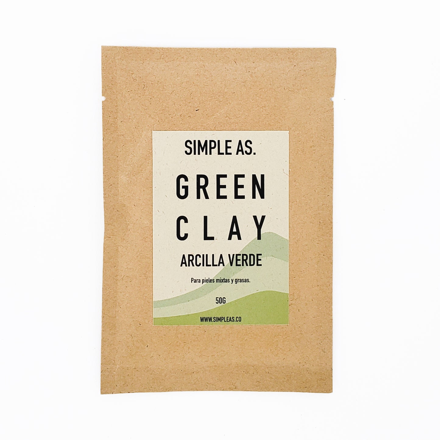 Arcilla Verde Orgánica 50g de Simple As con fondo blanco.