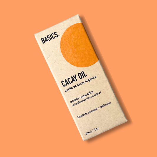 el aceite de cacay 30ml en su caja de simple as con fondo plano. 