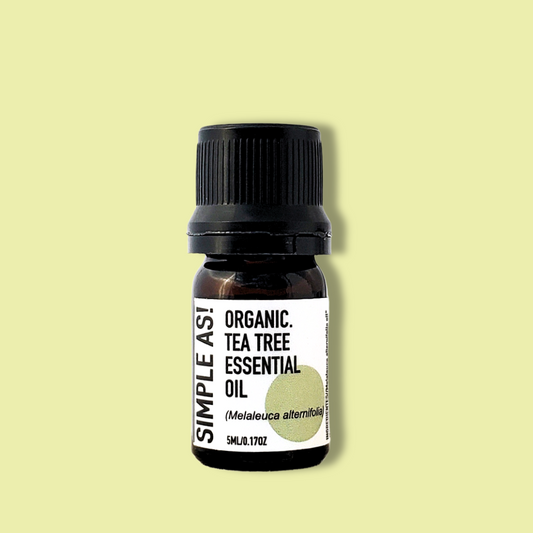 Aceite Esencial de Árbol de Té Orgánico de Simple As con fondo plano.