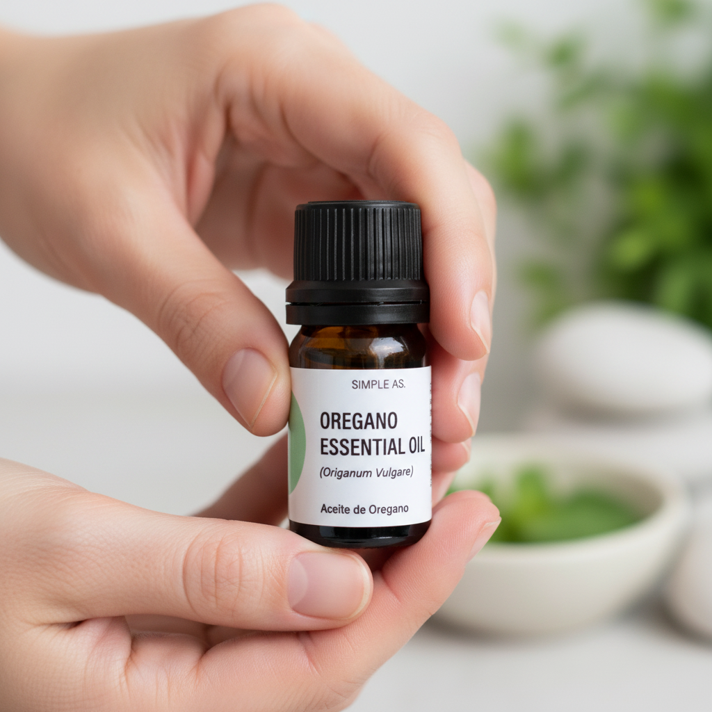 aceite esencial de oregano en manos de una mujer