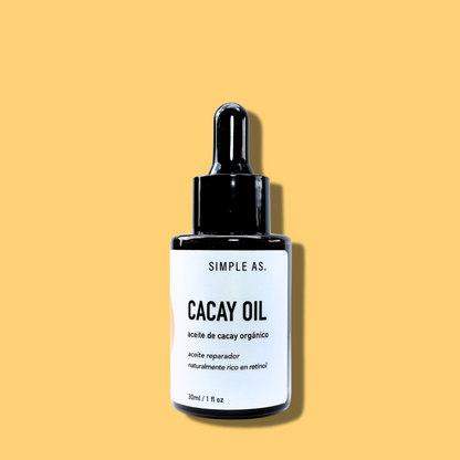 el Aceite de Cacay de 30ml de Simple As con fondo plano.
