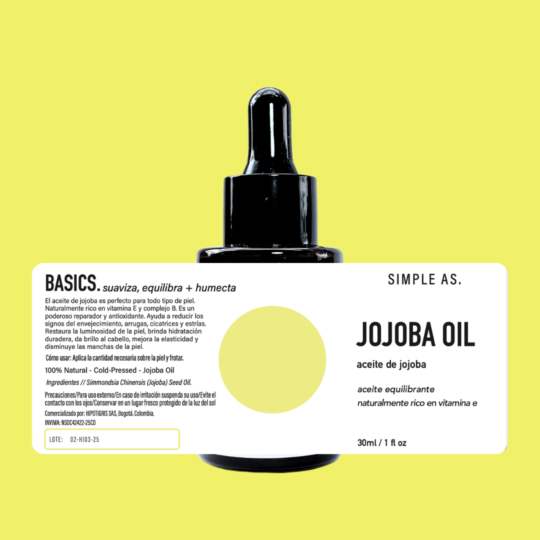 La foto muestra la etiqueta completa del producto aceite de jojoba