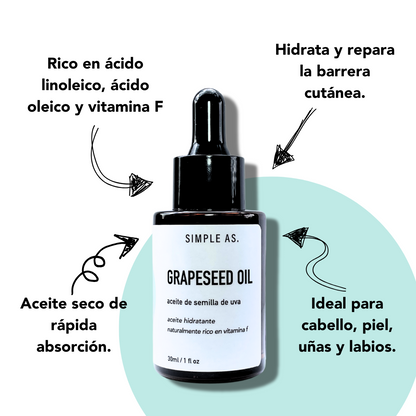 infografico de beneficios de Aceite de Semilla de Uva de Simple As.